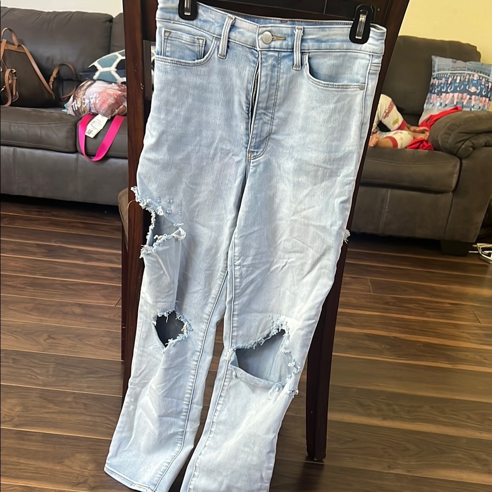 Athleta Blue Straight Leg Jeans with Vintage Distressing